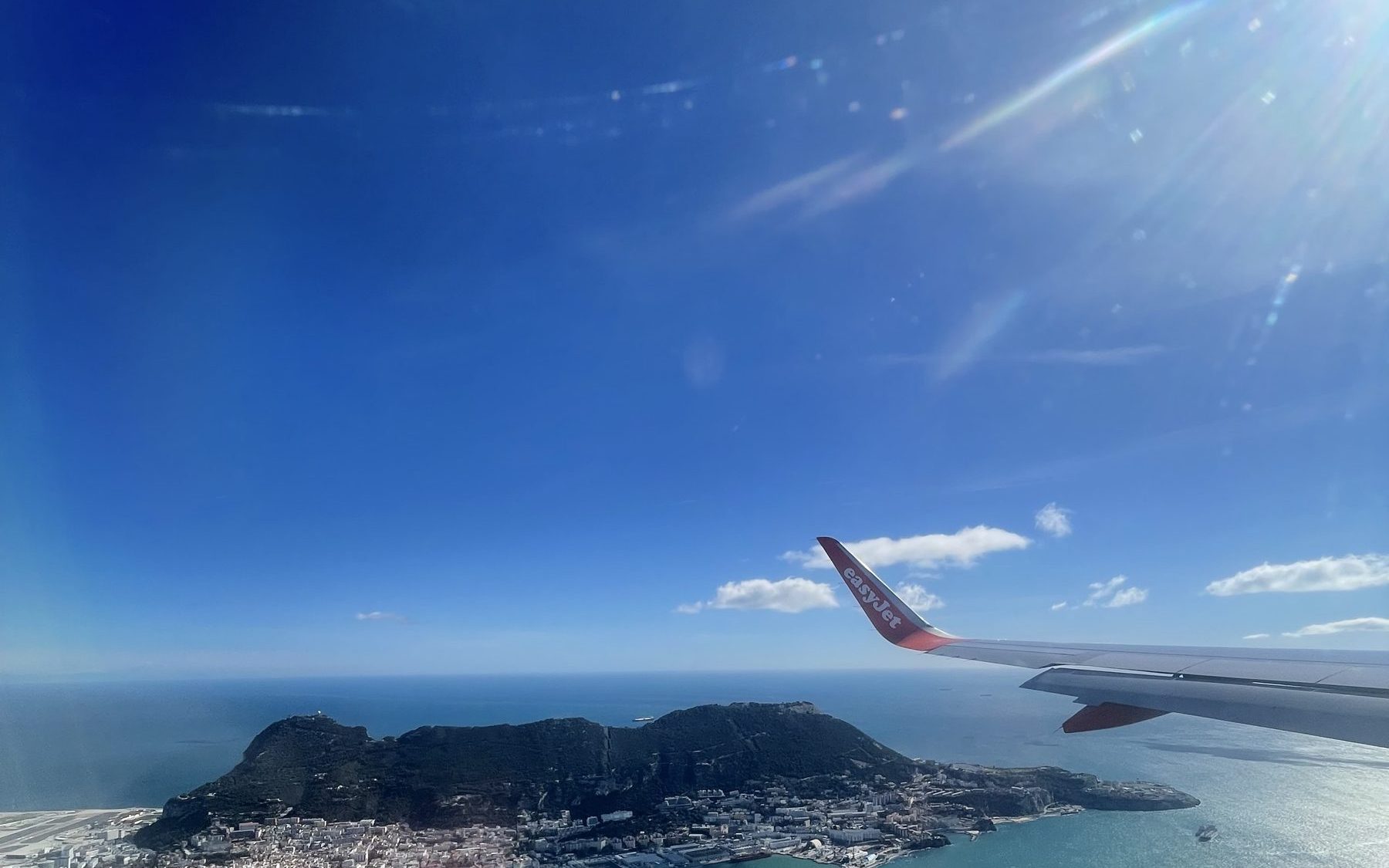 Flying into Gibraltar, the Rock seen from the plane window